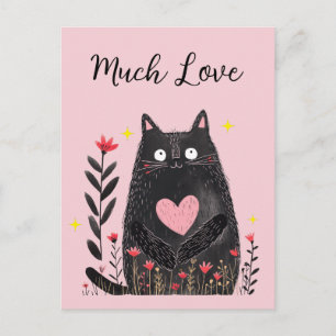 Postal Acuarela Floral Gato Negro Corazón Rosa Mucho Amor