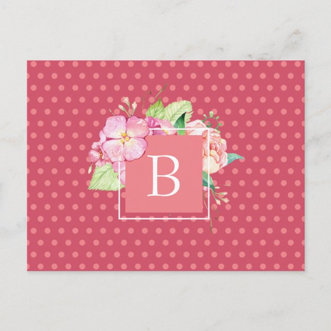 Postal Acuarela floral inicial personalizada puntos rosad (Anverso)