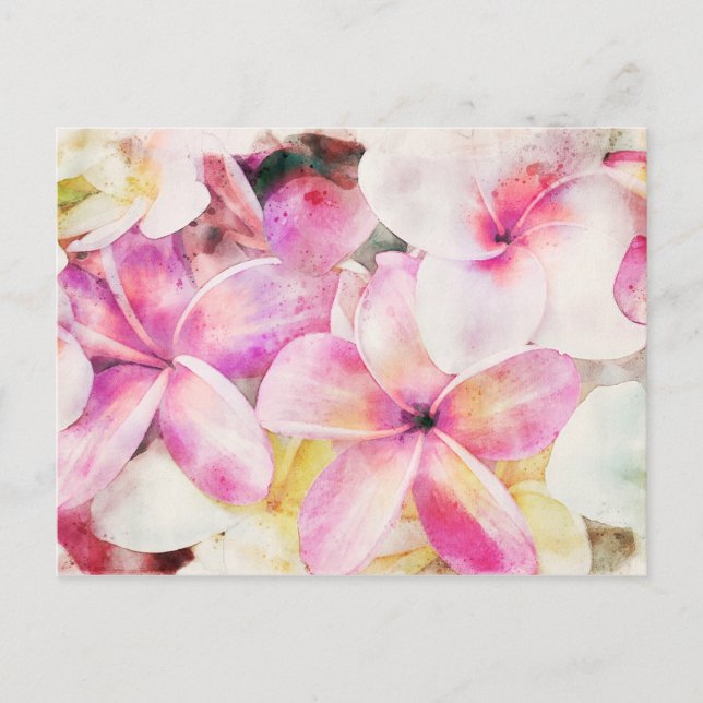 Postal Acuarela floral tropical plumeria de Hawái (Anverso)