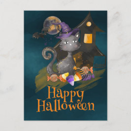 Postal Acuarela Gato negro con caramelos, Halloween