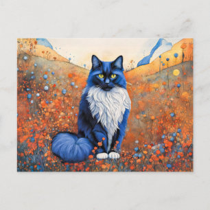 Postal Acuarela Gato negro en campo de amapola