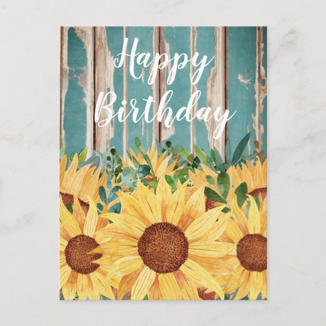 Postal Acuarela Girasol y Madera Rústica Cumpleaños (Anverso)