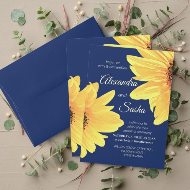 Postal Acuarela girasoles azul oscuro Boda Minimalista (Subido por el creador)