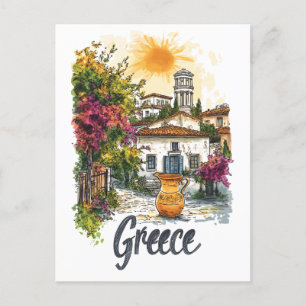 Postal Acuarela Grecia: Escena de aldea con flores