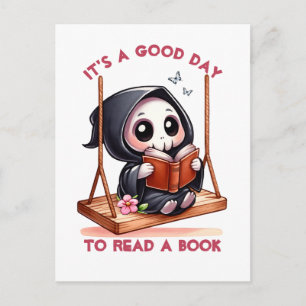 Postal Acuarela Grim Reaper Book Lover