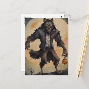 Postal Acuarela Halloween Hombre Lobo