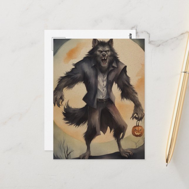 Postal Acuarela Halloween Hombre Lobo (Anverso/Reverso In Situ)