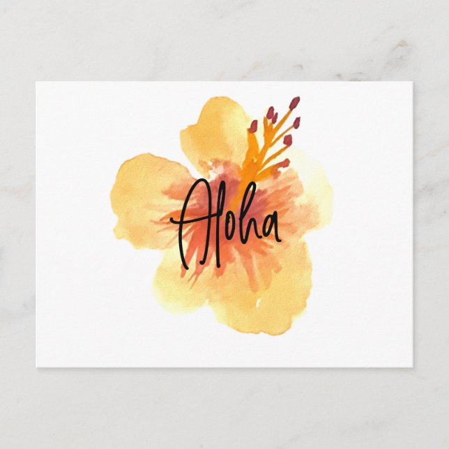 Postal Acuarela Hawaii Hibiscus Movimiento Floral Amarill (Anverso)
