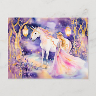 Postal Acuarela Hermosa Princesa y Unicornio