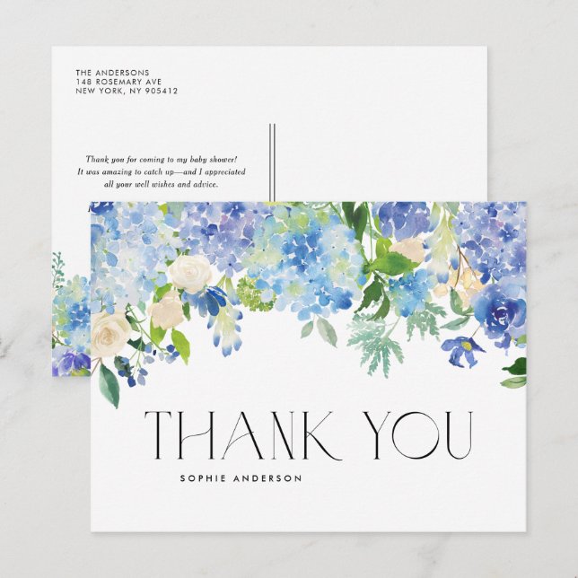 Postal Acuarela Hidrangea Azul y Rosa de Marfil Gracias (Anverso / Reverso)