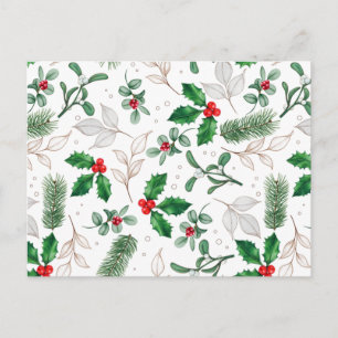 Postal Acuarela Hojas y Bayas de Navidad Blancas
