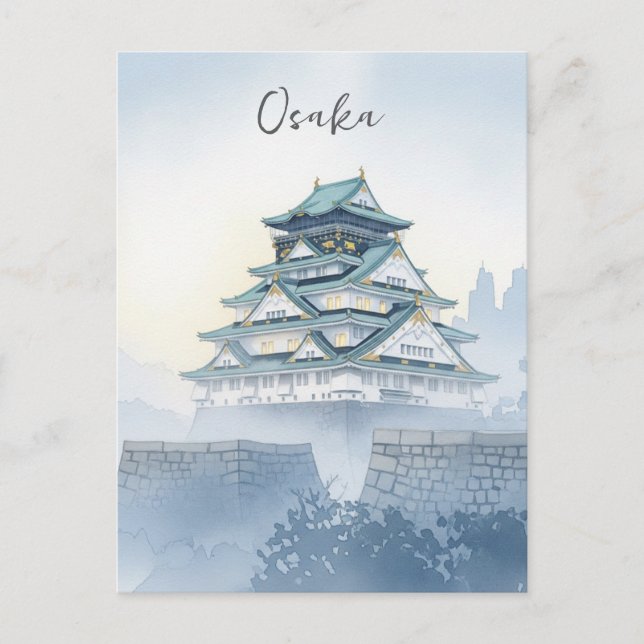 Postal Acuarela Japón del Castillo de Osaka Misty (Anverso)