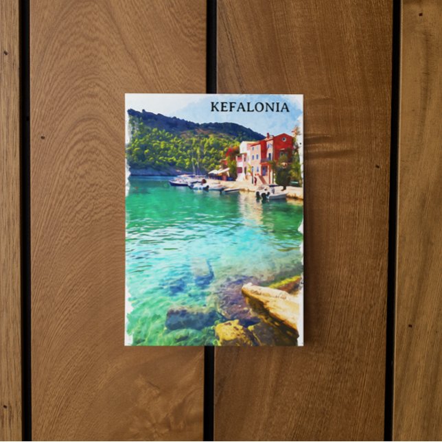 Postal Acuarela Kefalonia Grecia Vista costera (kefalonia watercolor greece postcard)