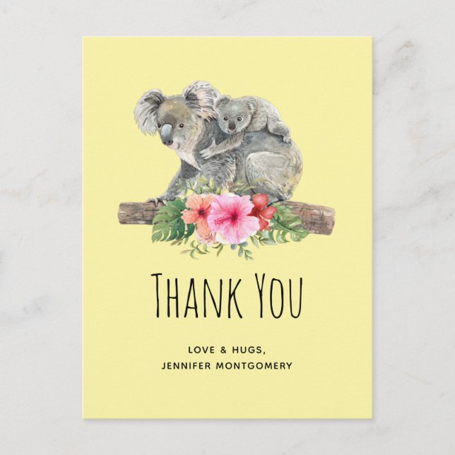 Postal Acuarela Koala Osos Cuidados Mamá Y Bebé Gracias (Anverso)