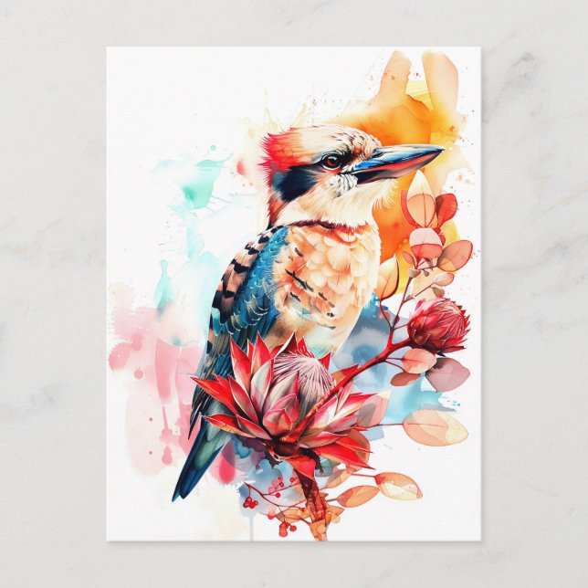 Postal Acuarela Kookaburra en Protea (Anverso)