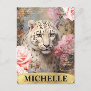Postal Acuarela Leopardo Blanco Vintage y Rosas Rosadas