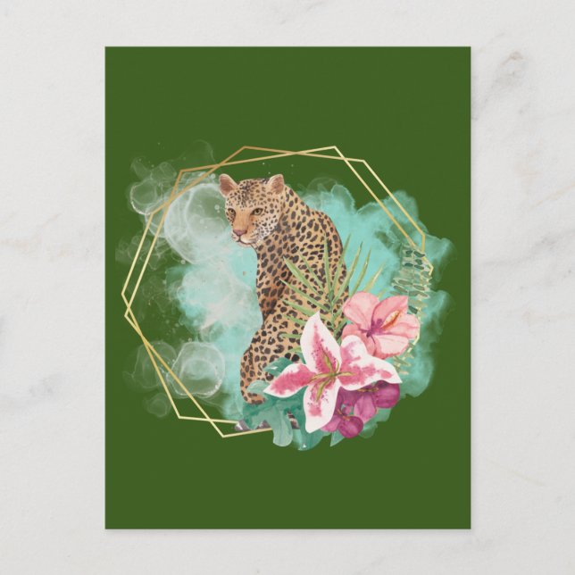 Postal Acuarela Leopardo y Marco Tropical  (Anverso)