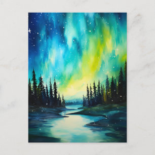 Postal Acuarela Luces del Norte aurora boreal