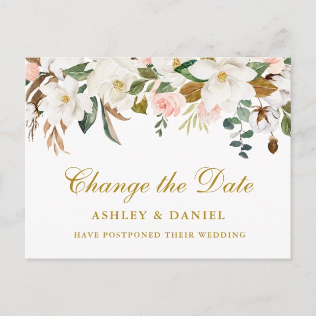 Postal Acuarela Magnolia Floral Cambiar la Fecha Oro (Anverso)