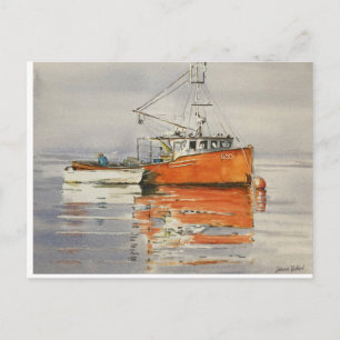 Postal Acuarela Maine Pescador Bote Océano Naranja Gris