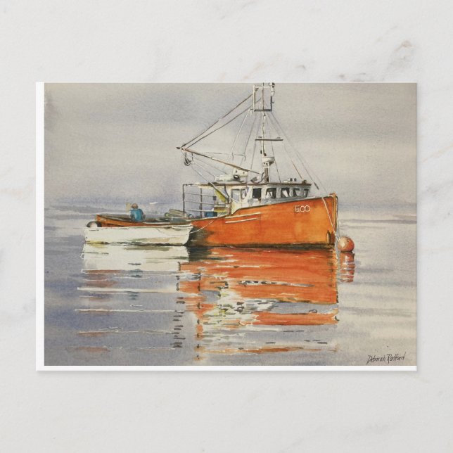 Postal Acuarela Maine Pescador Bote Océano Naranja Gris (Anverso)