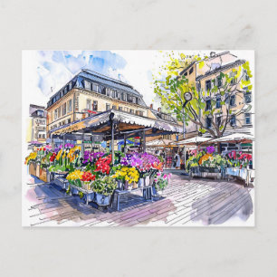 Postal Acuarela Mercado de Berlín Flores de Verano