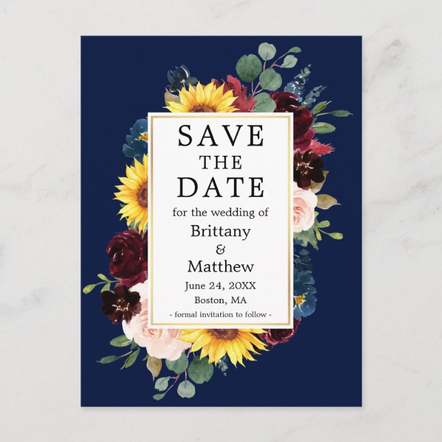 Postal Acuarela Mezclado Floral Gold Blue Save the Date (Anverso)