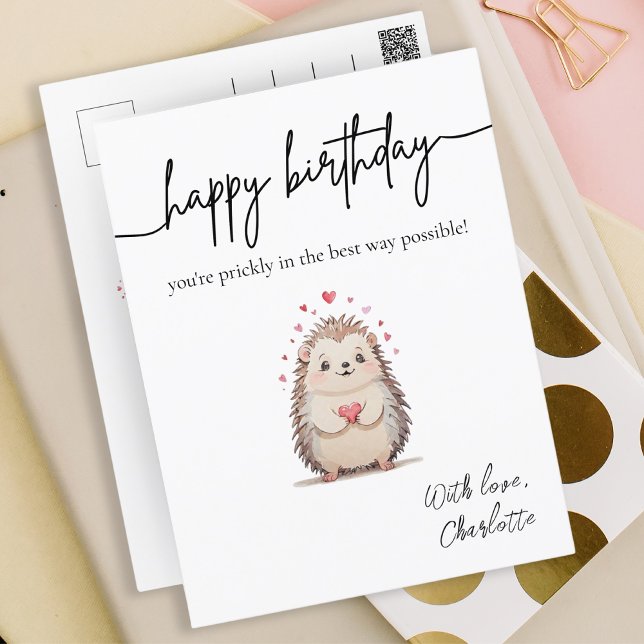 Postal Acuarela minimalista Hedgehog Punny Cumpleaños (Minimalist Watercolor Hedgehog Punny Birthday Postcard)