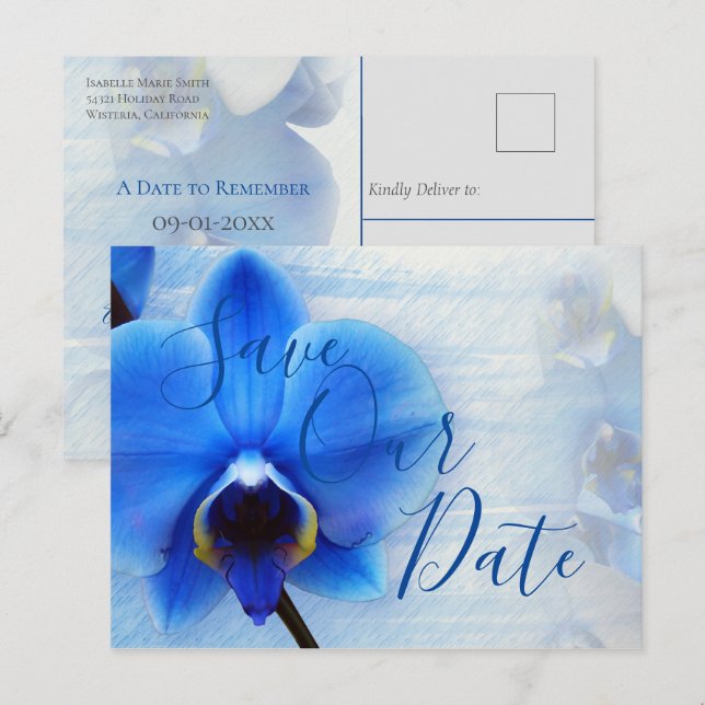Postal Acuarela moderna Boda floral de orquídeas azules (Anverso / Reverso)