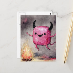 Postal Acuarela Monstruo Rosa Brillante Lindo y una Fogat