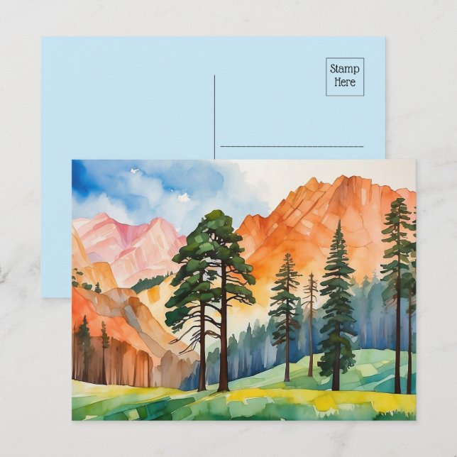 Postal Acuarela Montañas Tranquilas Paisaje de primavera (Anverso / Reverso)