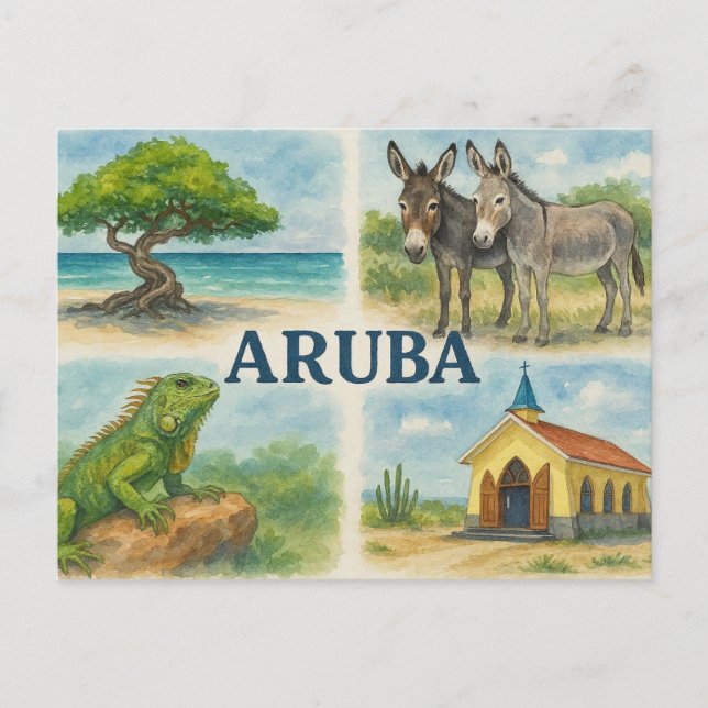 Postal Acuarela multivista de Aruba (Anverso)