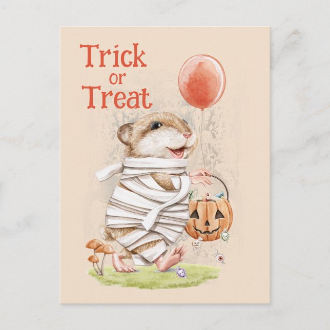 Postal Acuarela Mummy Hamster Halloween Saludo (Anverso)