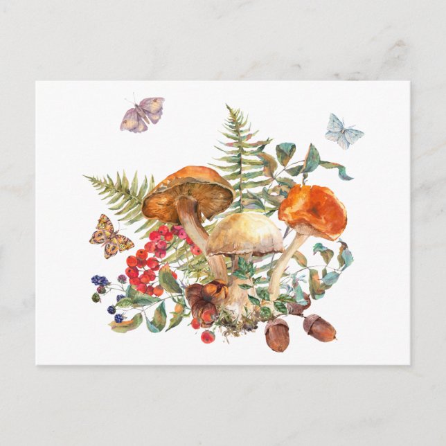 Postal Acuarela Mushrooms, Berries, Acorns (Anverso)