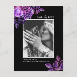 Postal Acuarela negra y floral púrpura Save the Date