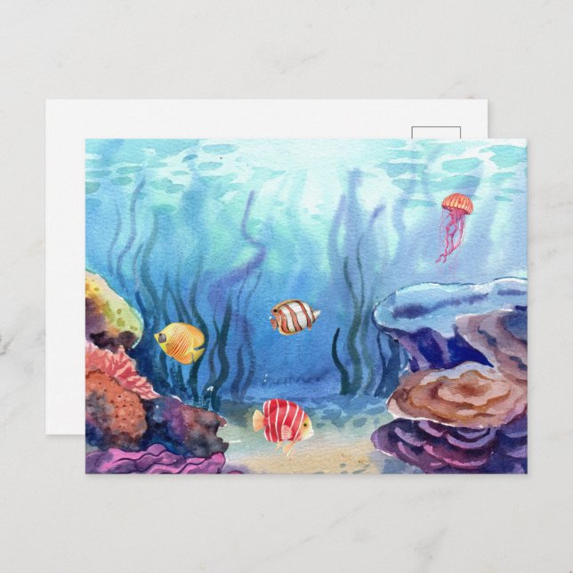 Postal Acuarela Océano marino Coral vivo y peces (Anverso / Reverso)