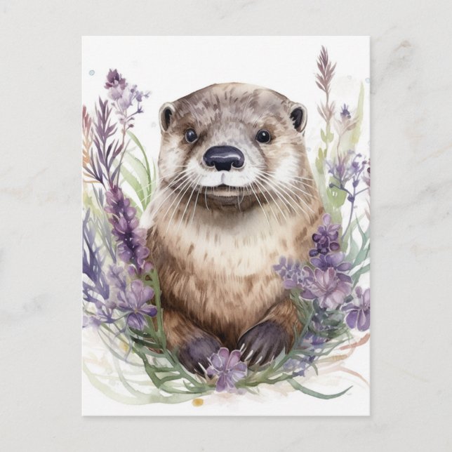 Postal Acuarela Otter y Purple Flowcolor (Anverso)