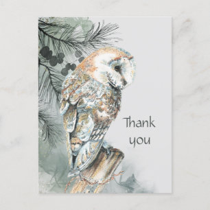Postal Acuarela Owl Bird Wildlife Nature Gracias