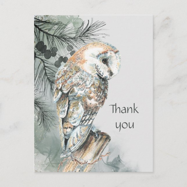 Postal Acuarela Owl Bird Wildlife Nature Gracias (Anverso)