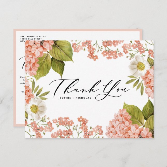 Postal Acuarela Peach Hydrangea Boda Gracias (Anverso / Reverso)