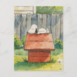 Postal Acuarela Perro Durmiendo en Casa de Perro Roja Art