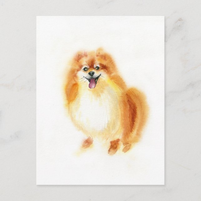 Postal Acuarela Perro Pomerania. (Anverso)