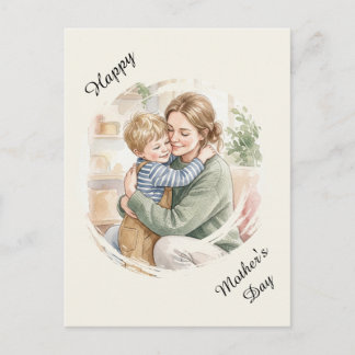 Postal Acuarela personalizada de madre abrazando a hijo
