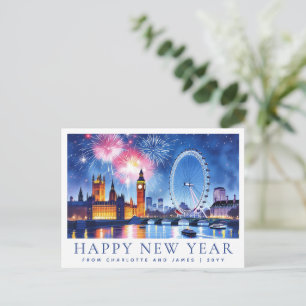 Postal Acuarela personalizada Feliz Año Nuevo Fuegos Arti