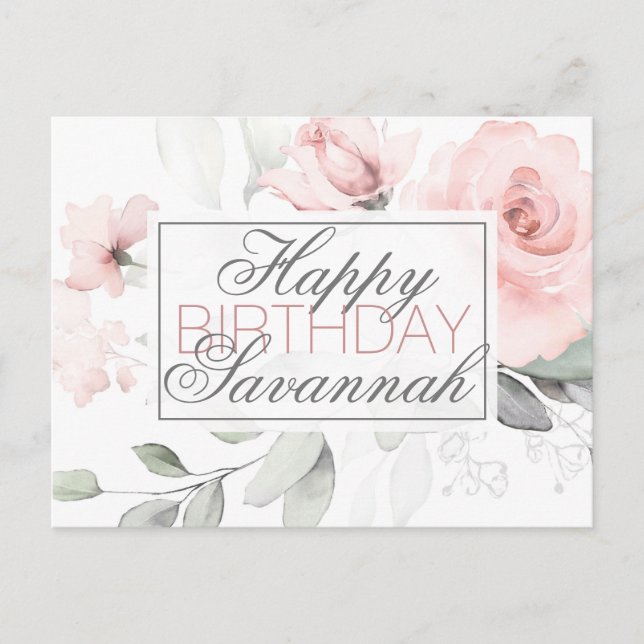 Postal Acuarela personalizada Floral rosa Feliz cumpleaño (Anverso)
