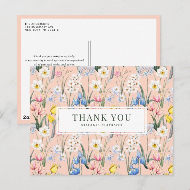 Postal Acuarela Primavera Flores Botánicas Gracias (Anverso / Reverso)