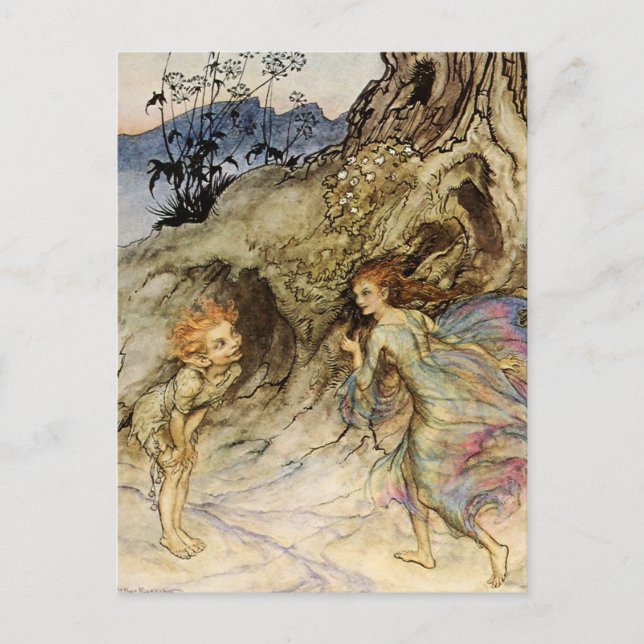 Postal Acuarela "Puck and a Fairy" de Arthur Rackham (Anverso)