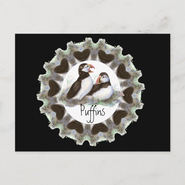 Postal Acuarela Puffins con corazón para fanáticos de la  (Anverso)