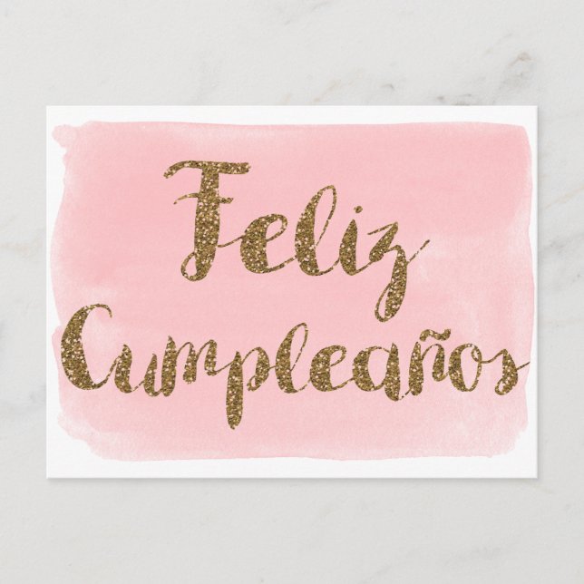 Postal Acuarela Rosa Feliz Cumpleanos con Brillo Dorado (Anverso)