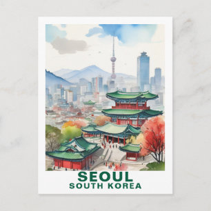 Postal Acuarela Seoul, Corea del Sur Arte de Viaje